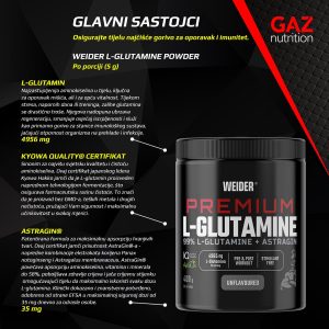 Weider Premium L-Glutamine 400g infografika s glavnim sastojcima - L-glutamin 4965mg, Kyowa Quality i AstraGin certifikat