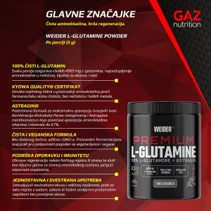 Weider Premium L-Glutamine 400g - infografika s glavnim značajkama: L-glutamin, Kyowa Quality, AstraGin, veganska formula