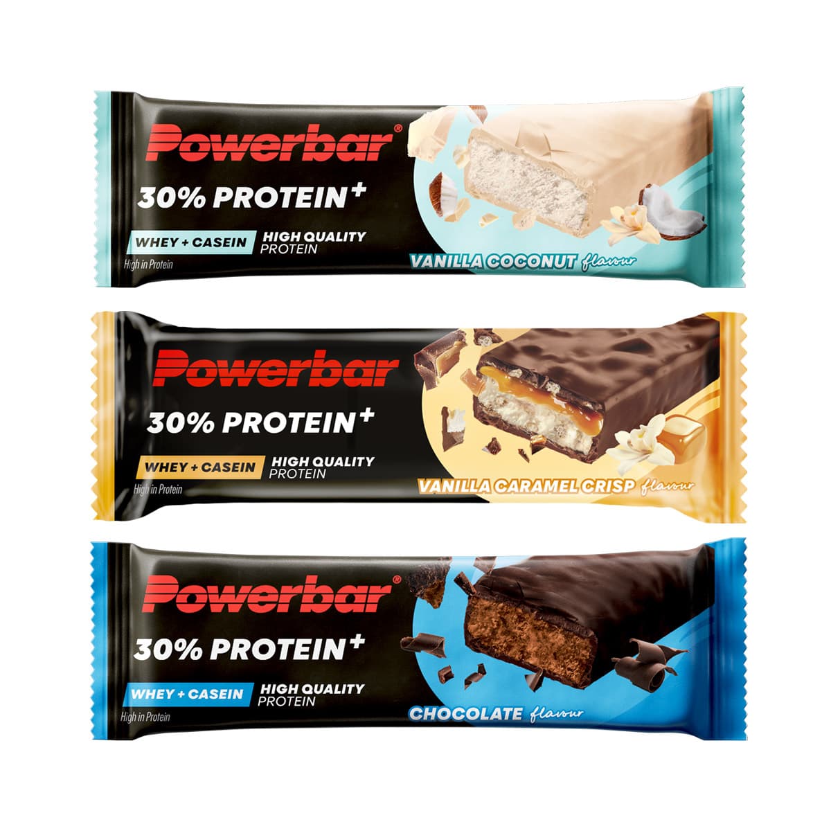 Tri Powerbar 30% Protein Plus Bar proteinske pločice u redovima - čokolada s plavim omotom, vanilija-karamela sa žutim omotom i vanilija-kokos s tirkiznim omotom, svaka 55g s 17g proteina, kazein i whey kombinacija
