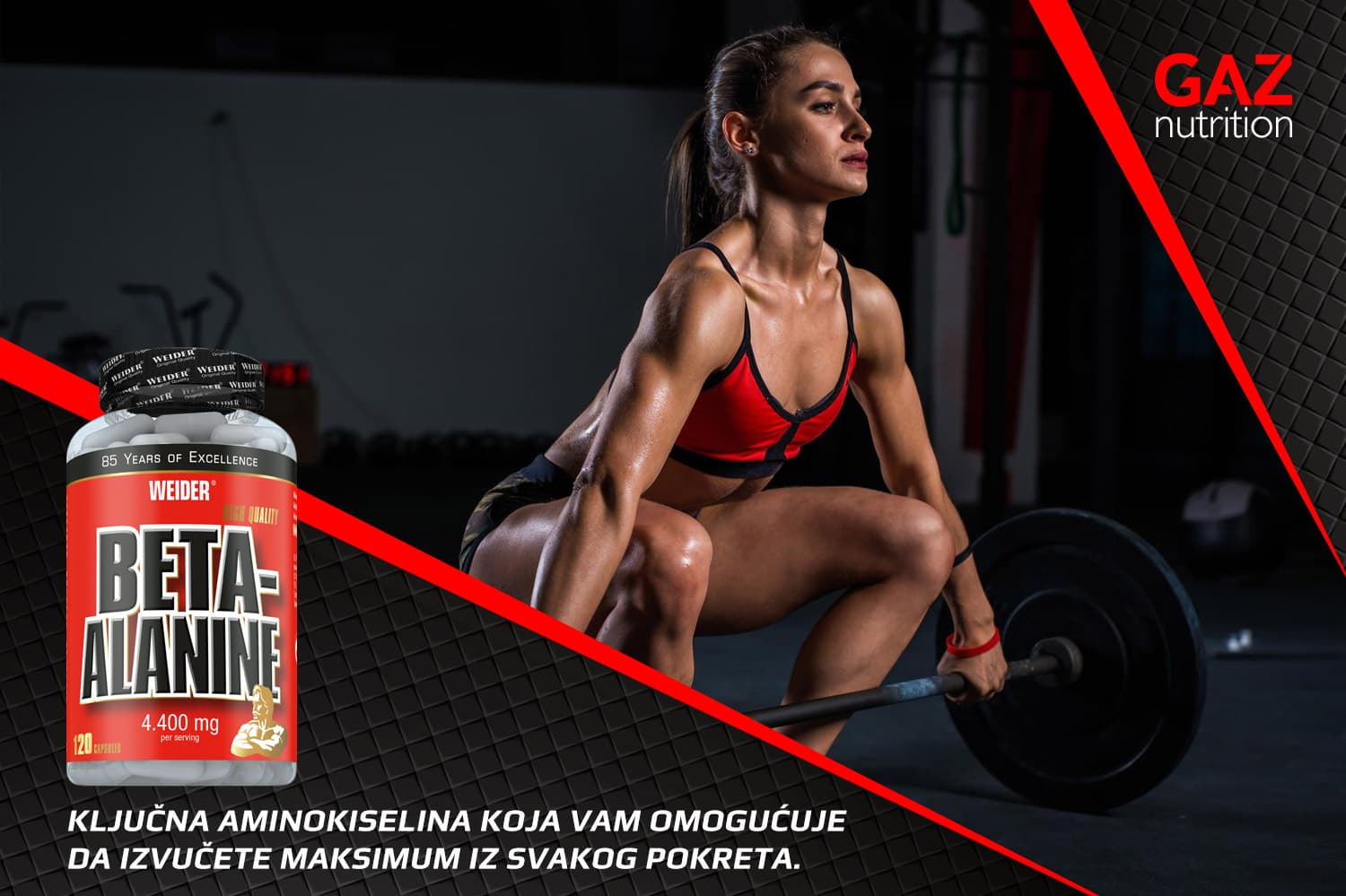 Weider Beta-Alanine kapsule za snagu, s atletičarkom koja se priprema za dizanje utega u teretani.