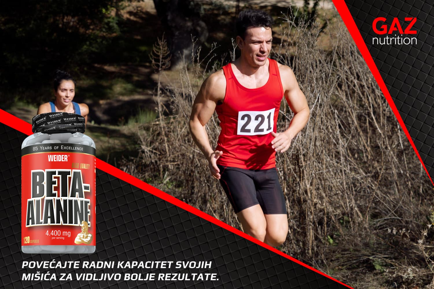 Weider Beta-Alanine kapsule za izdržljivost, sa slikom trkača u pozadini koji demonstrira poboljšanu izvedbu.