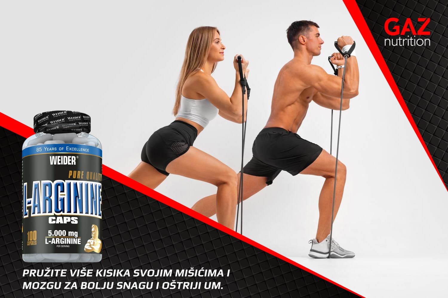 Bočica Weider L-Arginine Caps dodatka prehrani pored fit muškarca i žene koji vježbaju s elastičnim trakama, simbolizirajući snagu i oporavak mišića.