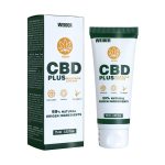 Kompletno pakiranje Weider CBD Plus massage cream koje prikazuje bijelu kartonsku kutiju lijevo i bijelu tubu od 75 ml desno, s istaknutim logotipom konoplje i ikonama za neven, arniku i eukaliptus te tvrdnjom 99% prirodnih sastojaka.