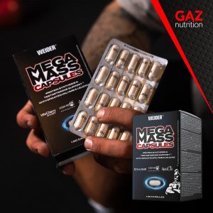 Weider Mega Mass Caps pakiranje i blister s kapsulama za sintezu proteina i podršku testosteronu, s epicatechinom, HMB-om i leucinom.