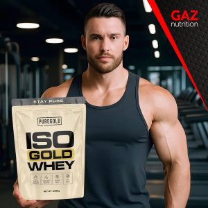 Pure Gold Iso Gold Whey protein 2000g uz fit muškarac u teretani STAY PURE muscle growth lactase enzyme sugar free fat free GAZ nutrition