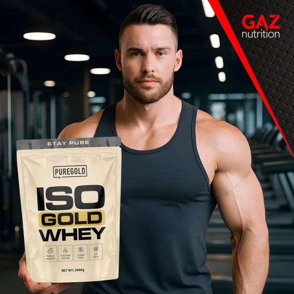 Pure Gold Iso Gold Whey protein 2000g uz fit muškarac u teretani STAY PURE muscle growth lactase enzyme sugar free fat free GAZ nutrition