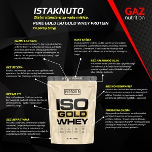 Pure Gold Iso Gold Whey protein infografika s detaljnim prikazom ključnih sastojaka enzim laktaza bez šećera bez masti bez aspartama probavni enzimi GAZ nutrition