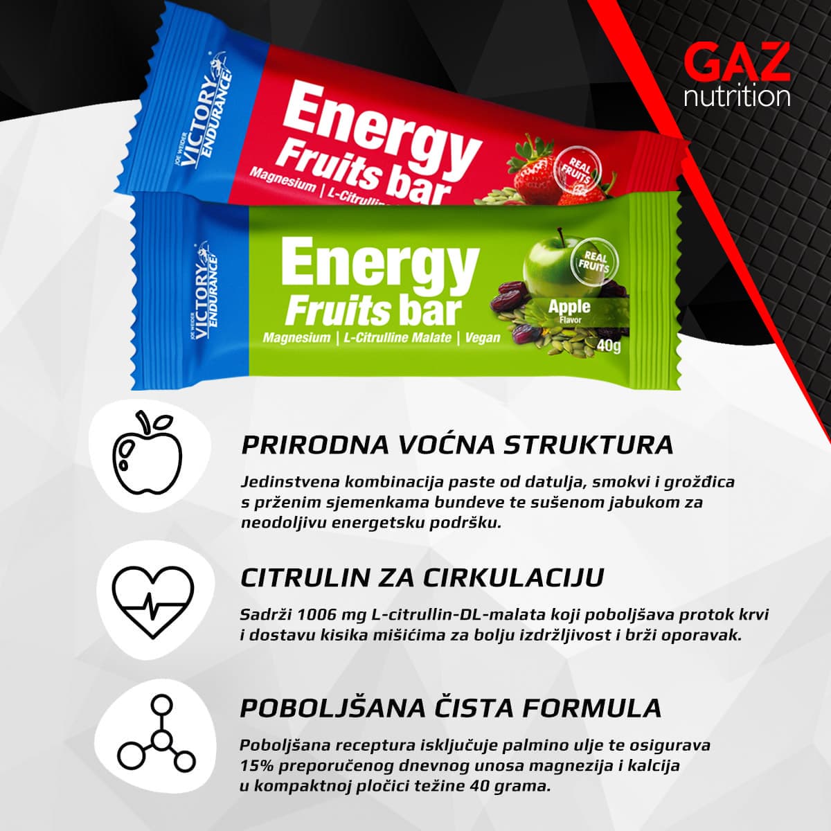 Infografika koja prikazuje Victory Endurance Energy Fruits Bar energetske pločice, okus jagoda i jabuka. Istaknute su ključne prednosti proizvoda: prirodna voćna struktura, citrulin za cirkulaciju i poboljšana čista formula s magnezijem.