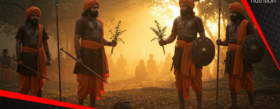 Ashwagandha - drevni indijski ratnici u tradicionalnim narandžastim odjeđama drže biljke u mističnoj šumskoj atmosferi sa zlatnim sunčevim svjetlom