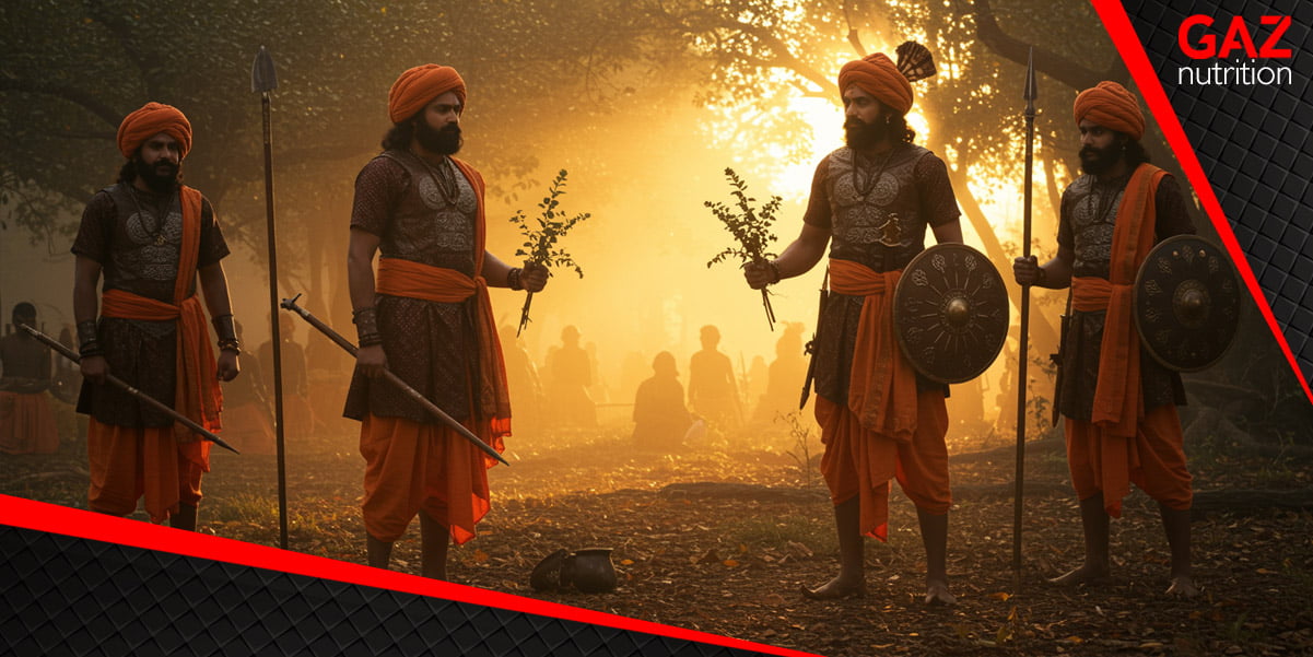 Ashwagandha - drevni indijski ratnici u tradicionalnim narandžastim odjeđama drže biljke u mističnoj šumskoj atmosferi sa zlatnim sunčevim svjetlom