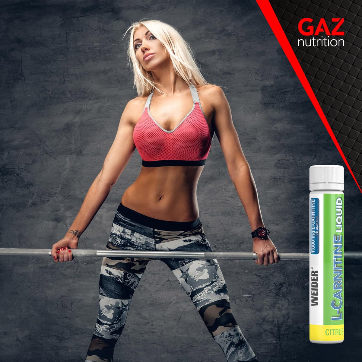 Atletska žena u sportskoj odjeći drži šipku za vježbanje, s prikazom proizvoda Weider L-Carnitine Liquid 1800 mg za energiju.