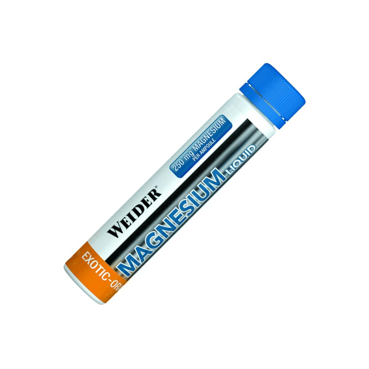Jedna ampula Weider Magnesium Liquid 250 mg magnezija, okus egzotičnog voća i naranče, za brzu nadoknadu magnezija.