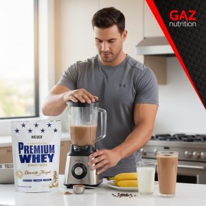 Priprema proteinskog napitka s Weider Premium Whey Protein Chocolate-Nougat, blender, banana, mlijeko i aktivan životni stil