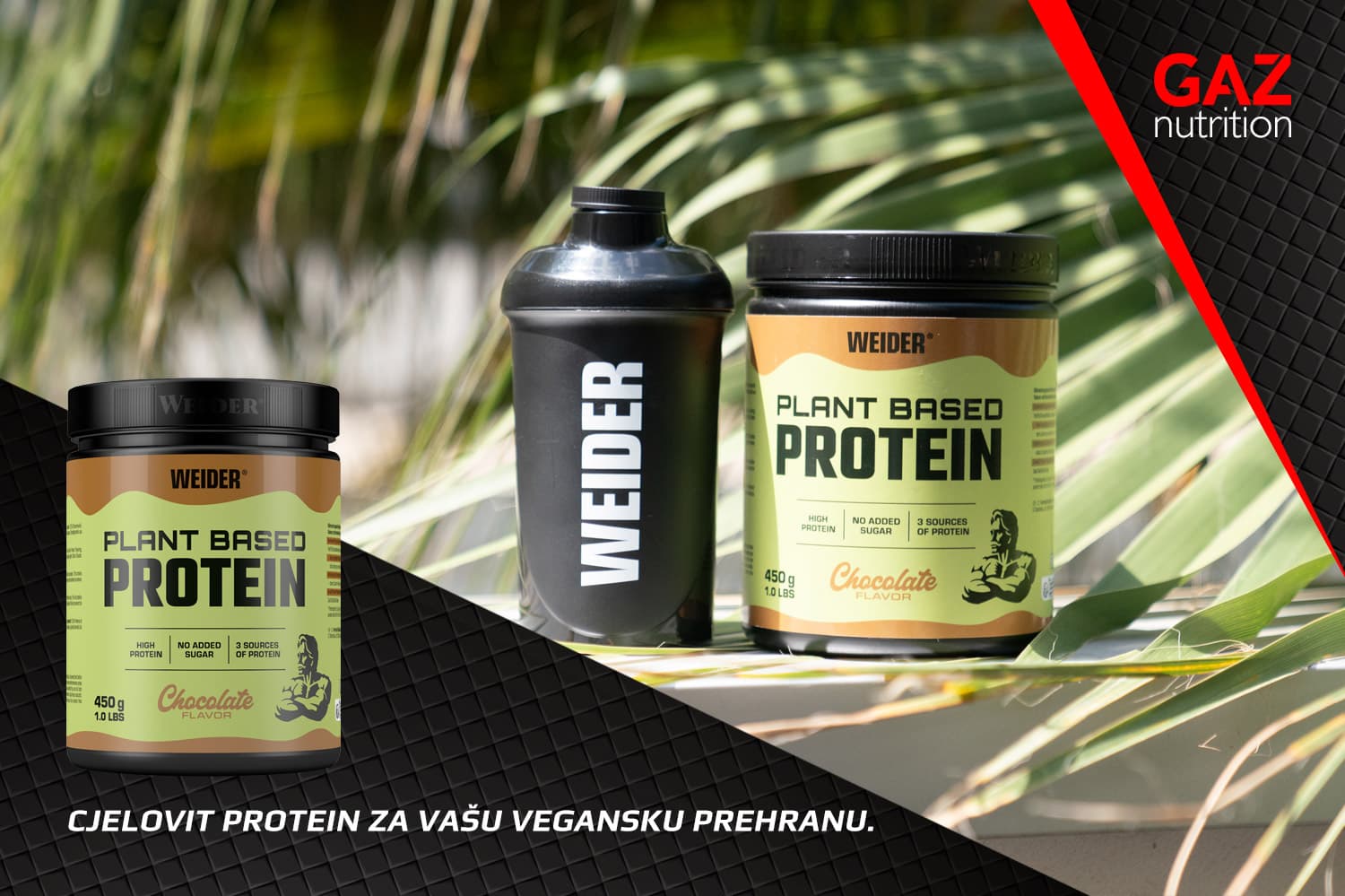 Weider Plant Based Protein 450g dvije posude čokolada i vanilija s crnim Weider shakerom na prirodnoj zelenoj podlozi s tropskim lišćem