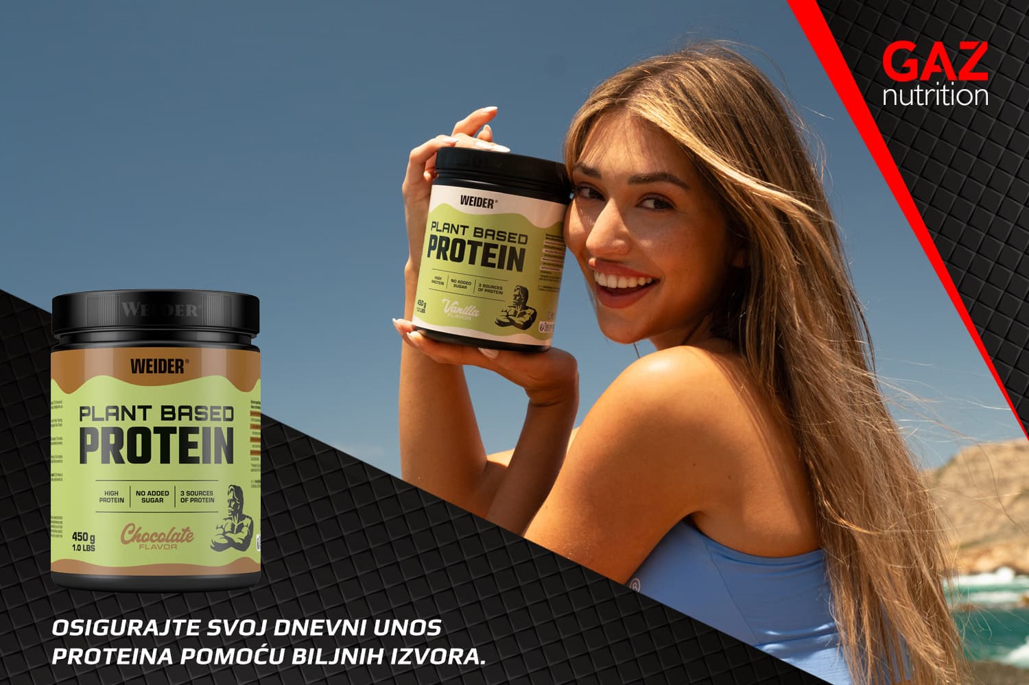 Weider Plant Based Protein 450g s mladom ženom u plavom fitness topu koja drži proteinski prah na sunčanom vanjskom mjestu - veganski biljni protein