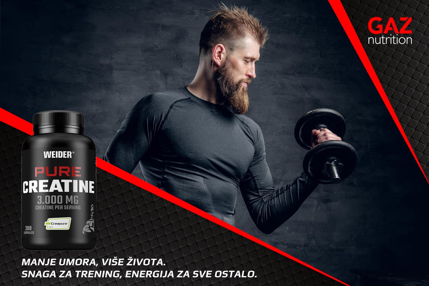 Snažan muškarac vježba s utegom uz bočicu Weider Pure Creatine Capsules s Creapure® kreatinom za povećanje snage i energije.