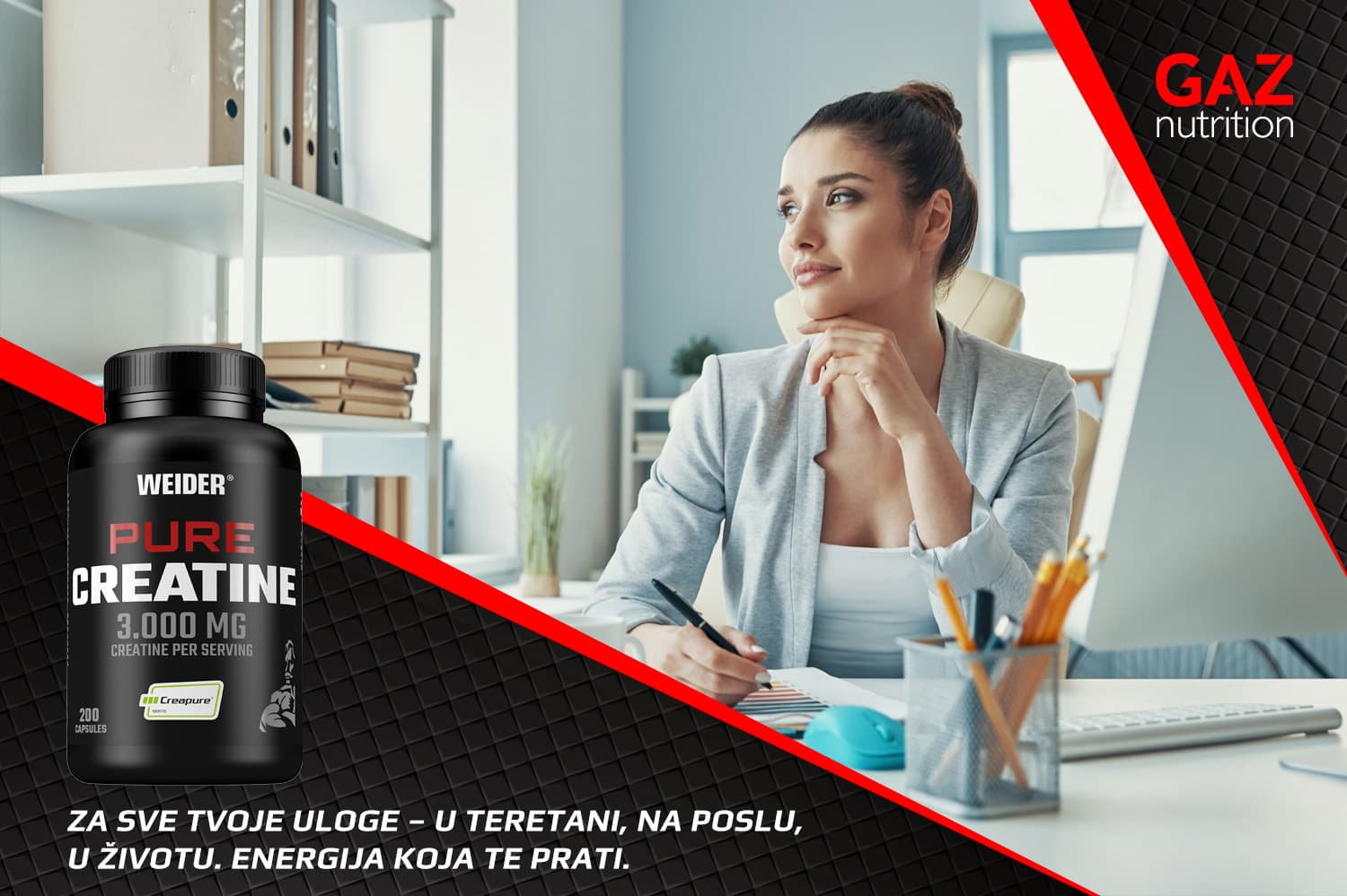 Poslovna žena za radnim stolom uz Weider Pure Creatine Capsules koje podržavaju mentalnu energiju i fokus na poslu i u svakodnevnom životu.