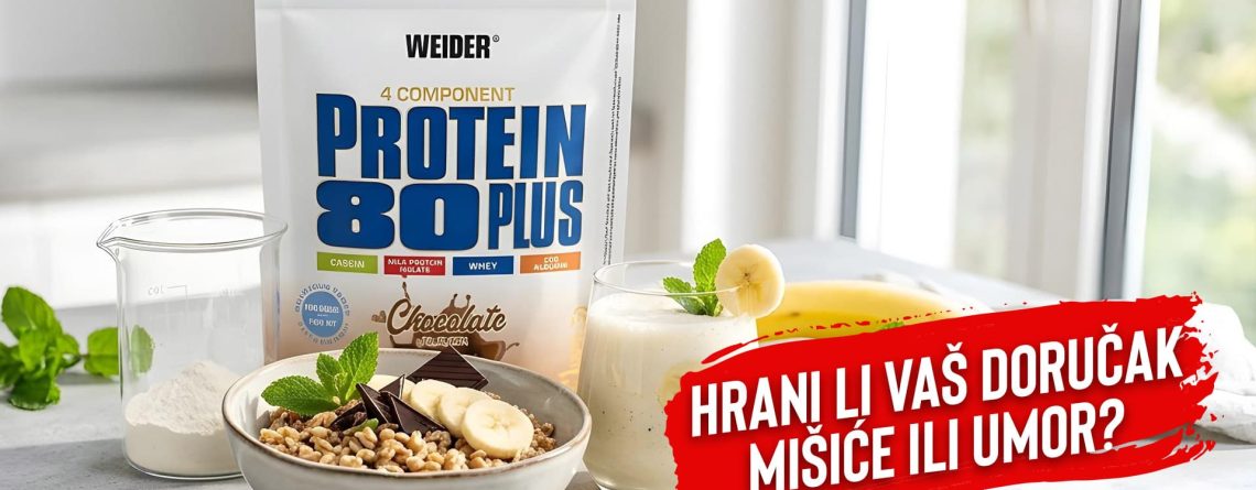 Uravnotežen doručak s Weider Protein 80 Plus prahom, kašom od pira, bananom i tamnom čokoladom za mišićni oporavak.