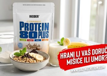 Uravnotežen doručak s Weider Protein 80 Plus prahom, kašom od pira, bananom i tamnom čokoladom za mišićni oporavak.