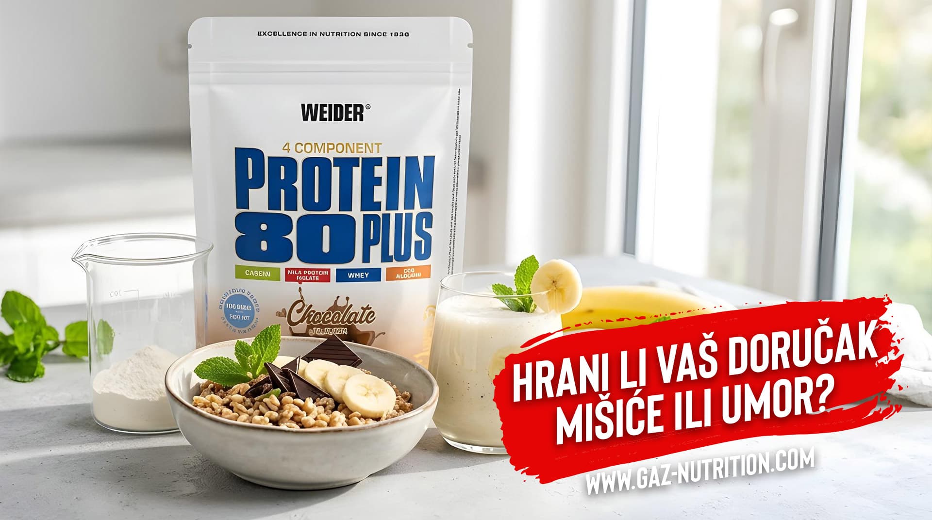 Uravnotežen doručak s Weider Protein 80 Plus prahom, kašom od pira, bananom i tamnom čokoladom za mišićni oporavak.