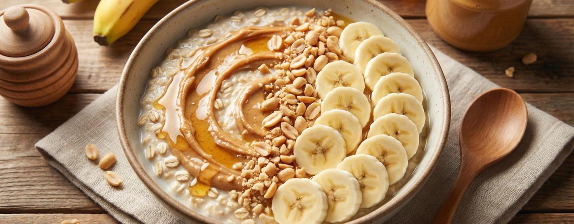 Keramička zdjela s proteinskim bowlom od zobenih pahuljica prelivena spiralom kikiriki maslaca i medom, ukrašena urednim redovima ploškica banane i sjeckanim kikirikijem, poslužena na drvenoj podlozi s lanenom salvetom, uz staklenku kikiriki maslaca i banane u pozadini.