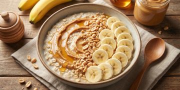 Keramička zdjela s proteinskim bowlom od zobenih pahuljica prelivena spiralom kikiriki maslaca i medom, ukrašena urednim redovima ploškica banane i sjeckanim kikirikijem, poslužena na drvenoj podlozi s lanenom salvetom, uz staklenku kikiriki maslaca i banane u pozadini.