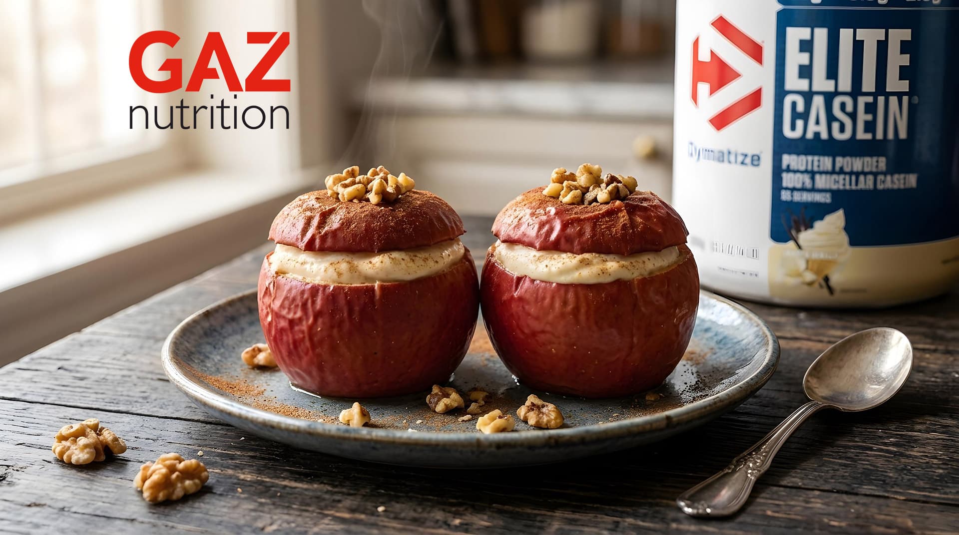 Gotove punjene pečene jabuke s kazeinskom kremom od vanilije i orasima pored pakiranja Dymatize Elite Casein.