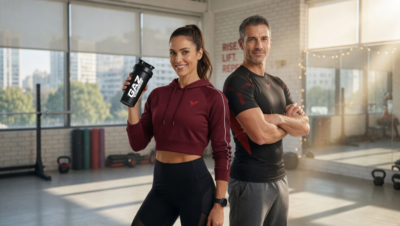 Dvoje nasmijanih fit ljudi u teretani s GAZ Nutrition proteinskim shakerom