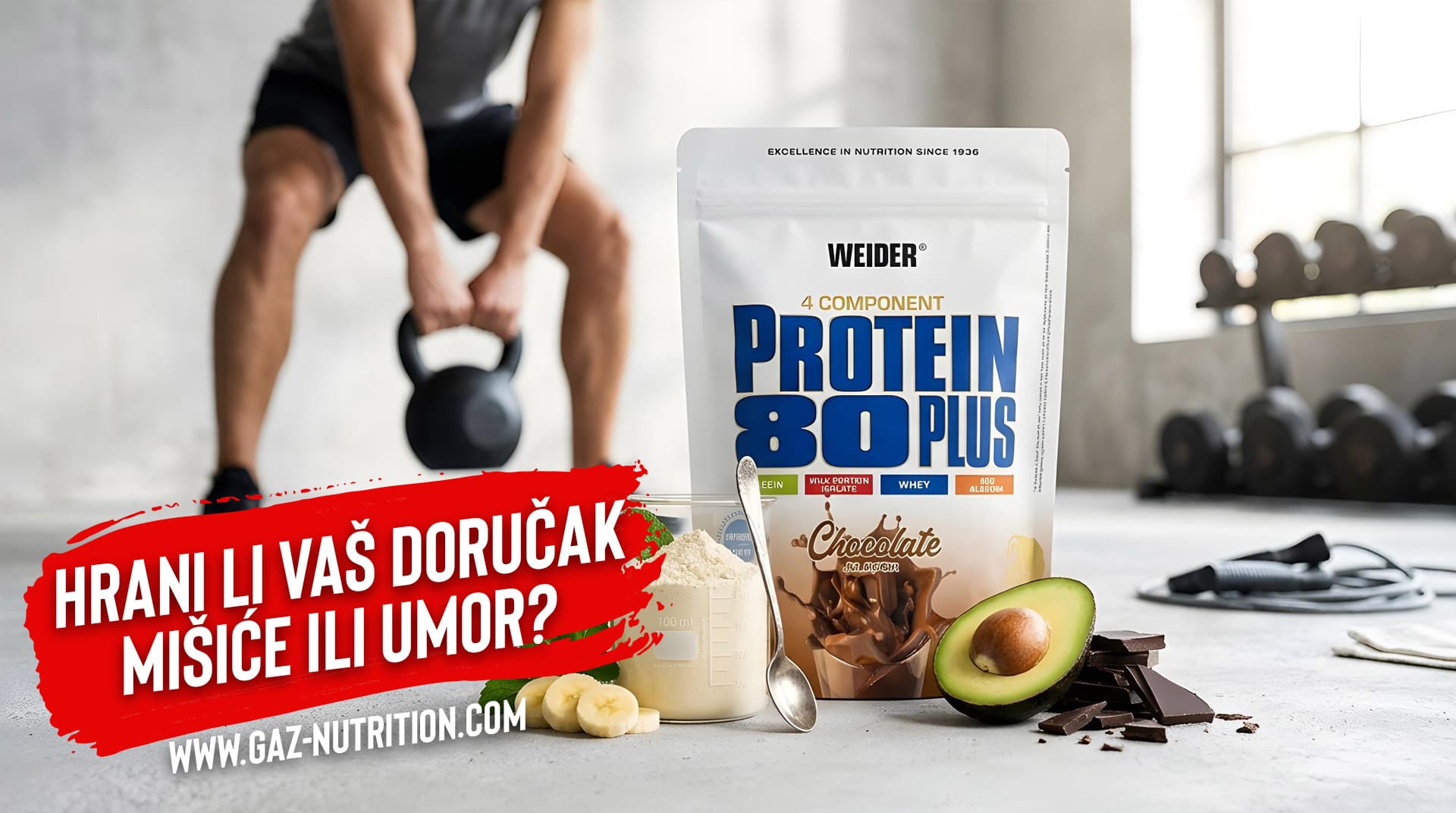 Uravnotežen lifestyle doručak s Weider Protein 80 Plus prahom, avokadom, bananom i prikazom treninga s girjom