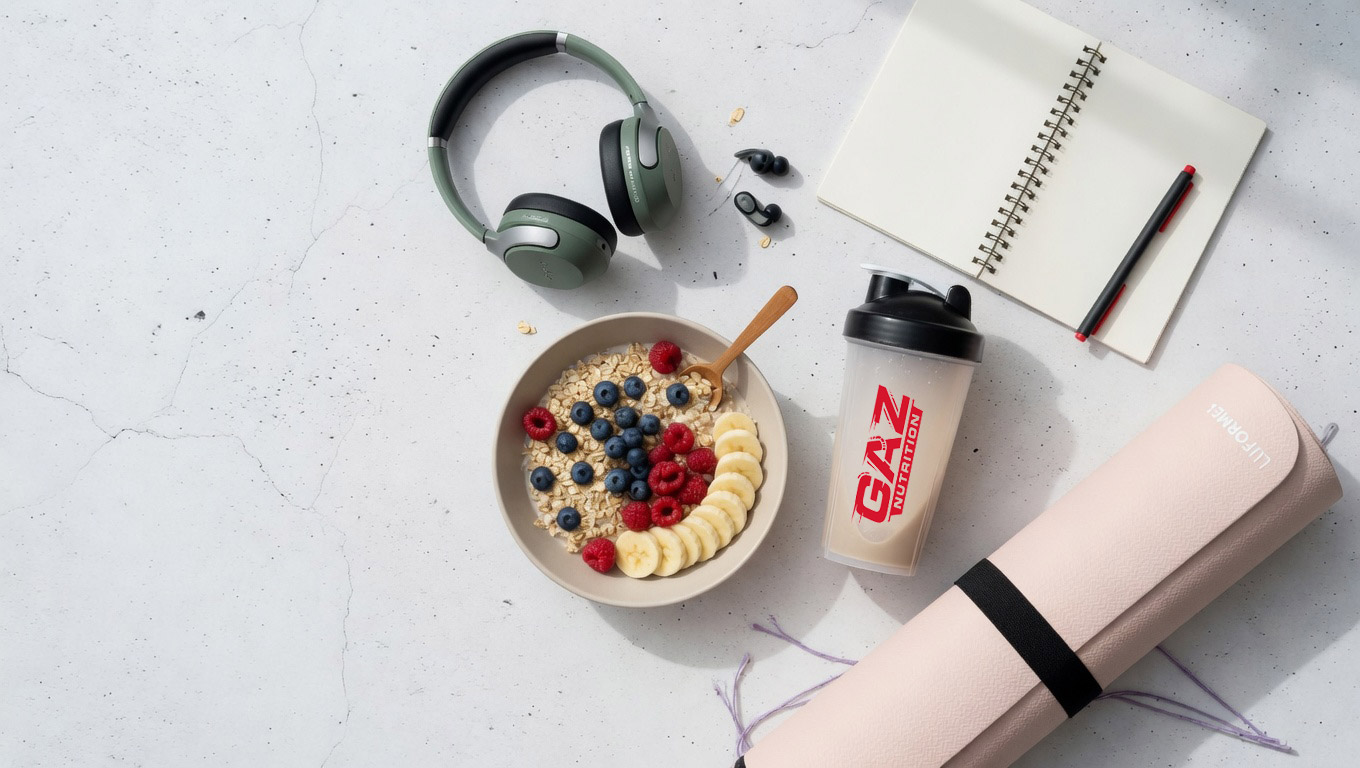 Položeni set zdrave zdjele s voćem, GAZ Nutrition shakera i opreme za vježbanje