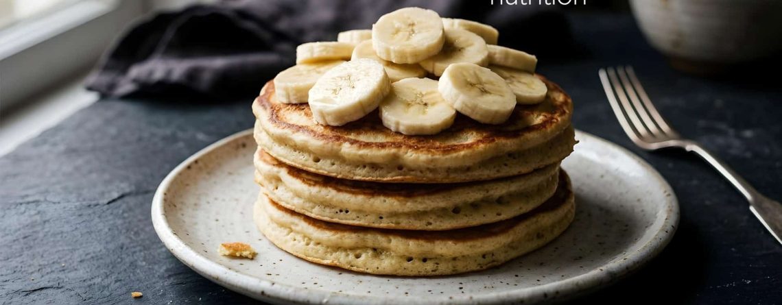 Tri proteinske palačinke s vanilijom ukrašene kolutićima svježe banane na tamnom tanjuru
