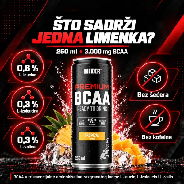 Weider Premium BCAA Ready to Drink 250 ml – 3.000 mg BCAA, L-leucin, L-izoleucin i L-valin