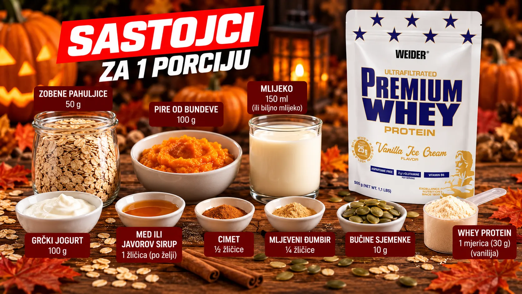 Sastojci za Pumpkin Protein Overnight Oats s Weider Premium Whey proteinom, bundevom, zobenim pahuljicama i grčkim jogurtom